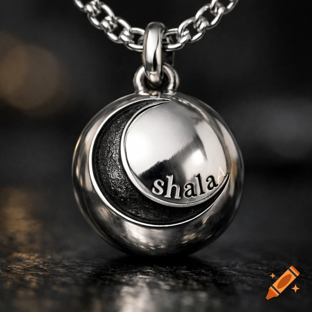 A detailed close-up of a silver pendant with a crescent moon design and the word "shala" engraved on it, hanging from a silver chain.