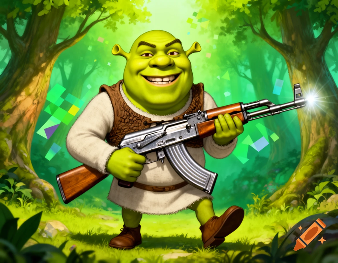Shrek, a green ogre, smiles broadly while holding an AK-47 rifle in a vibrant green forest, surrounded by pixelated glitches.