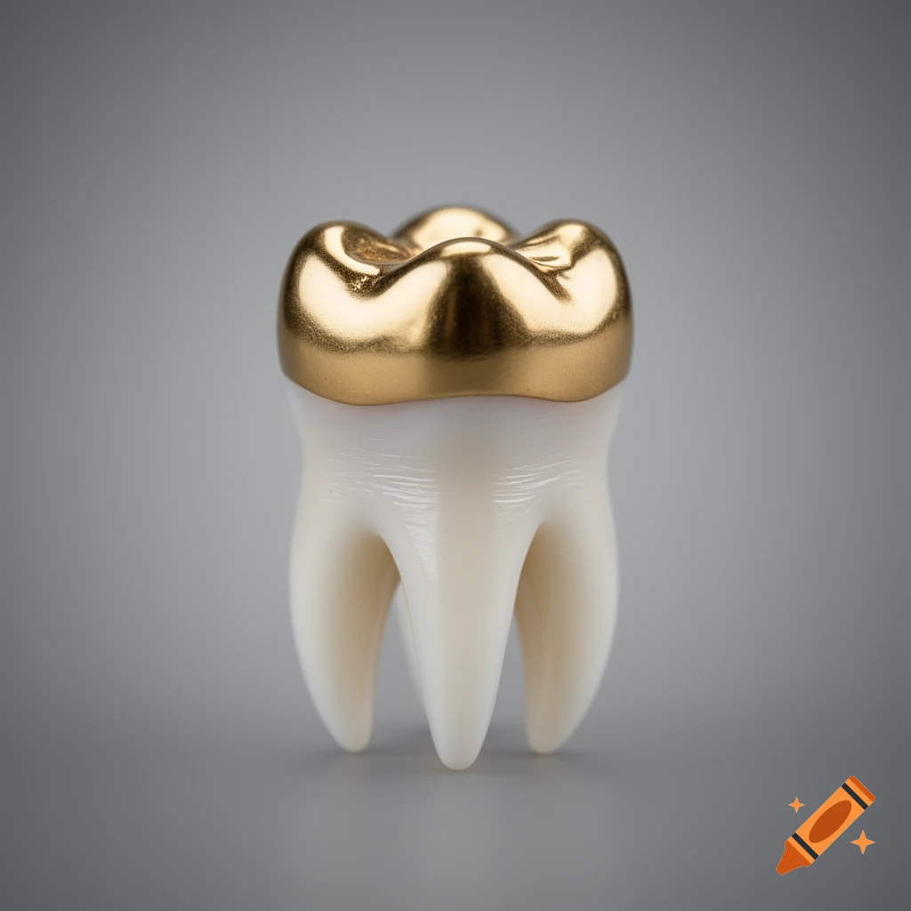A detailed, realistic rendering of a single maxillary molar with a shiny gold crown on a gray background.
