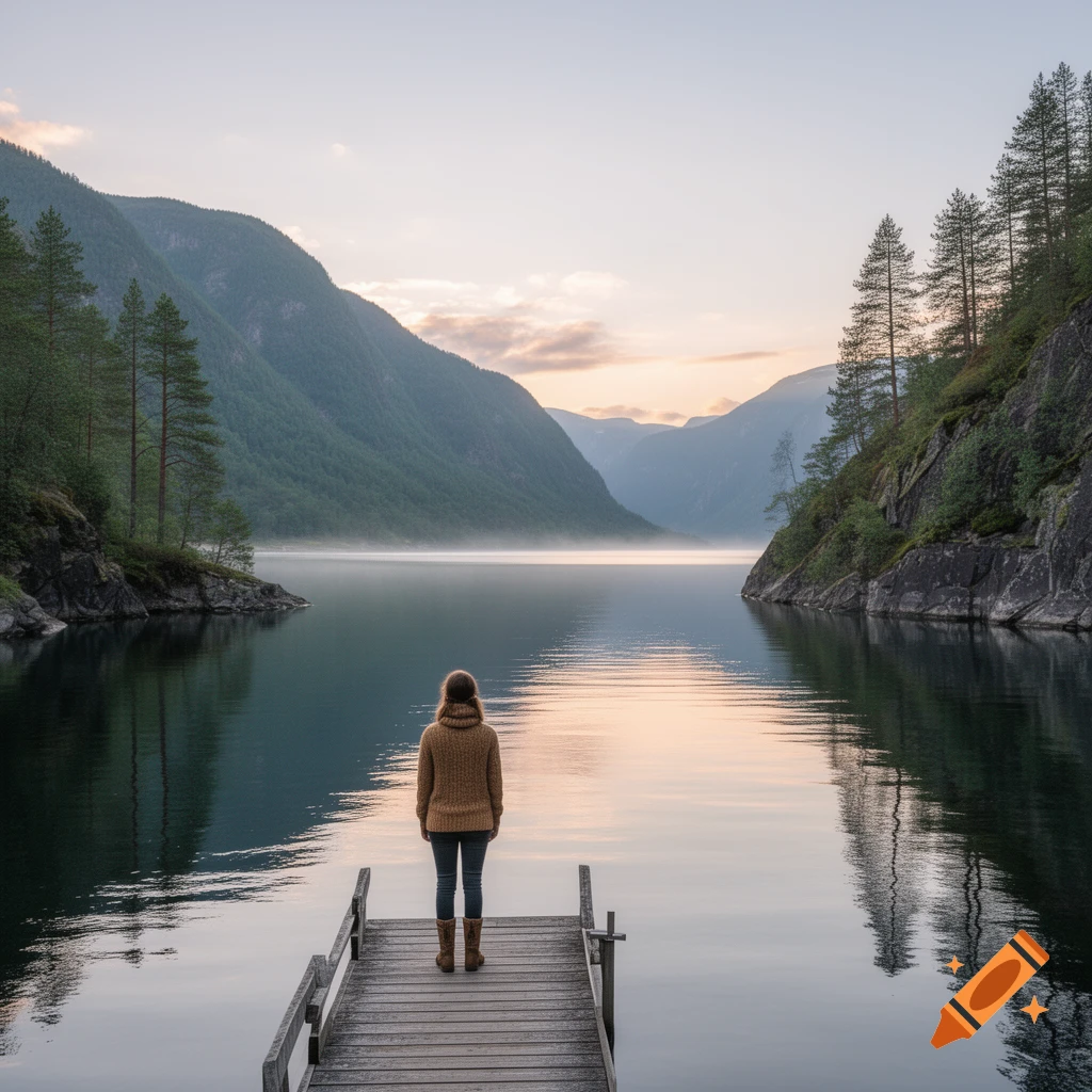 A person stands on a wooden dock looking out at a calm lake surrounded ...