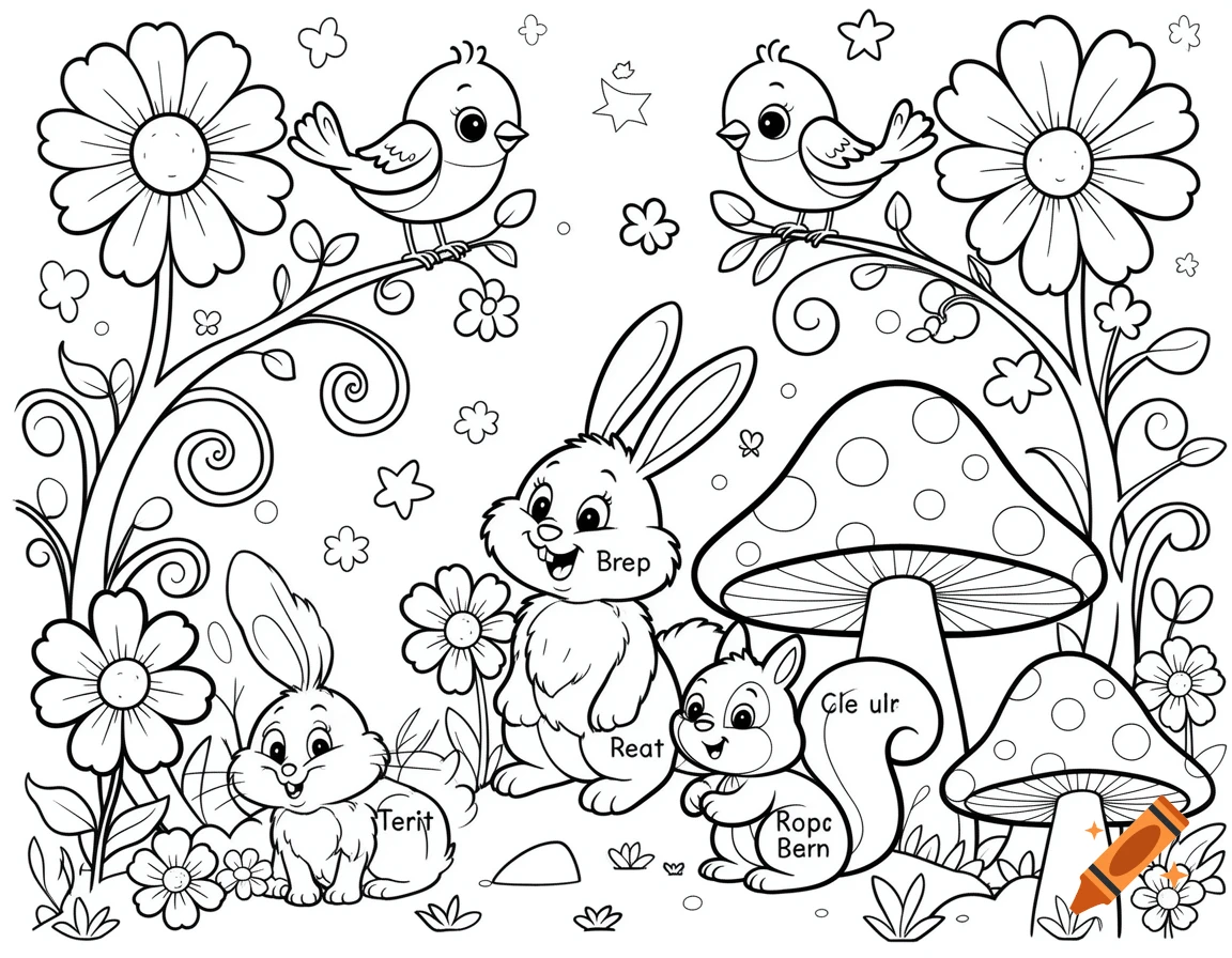 A black and white coloring page illustration featuring two bunnies, a squirrel, two birds, various flowers, and mushrooms.