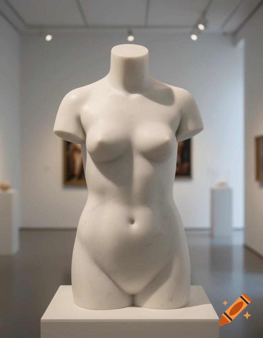 A white marble female torso sculpture displayed on a pedestal in an art gallery.