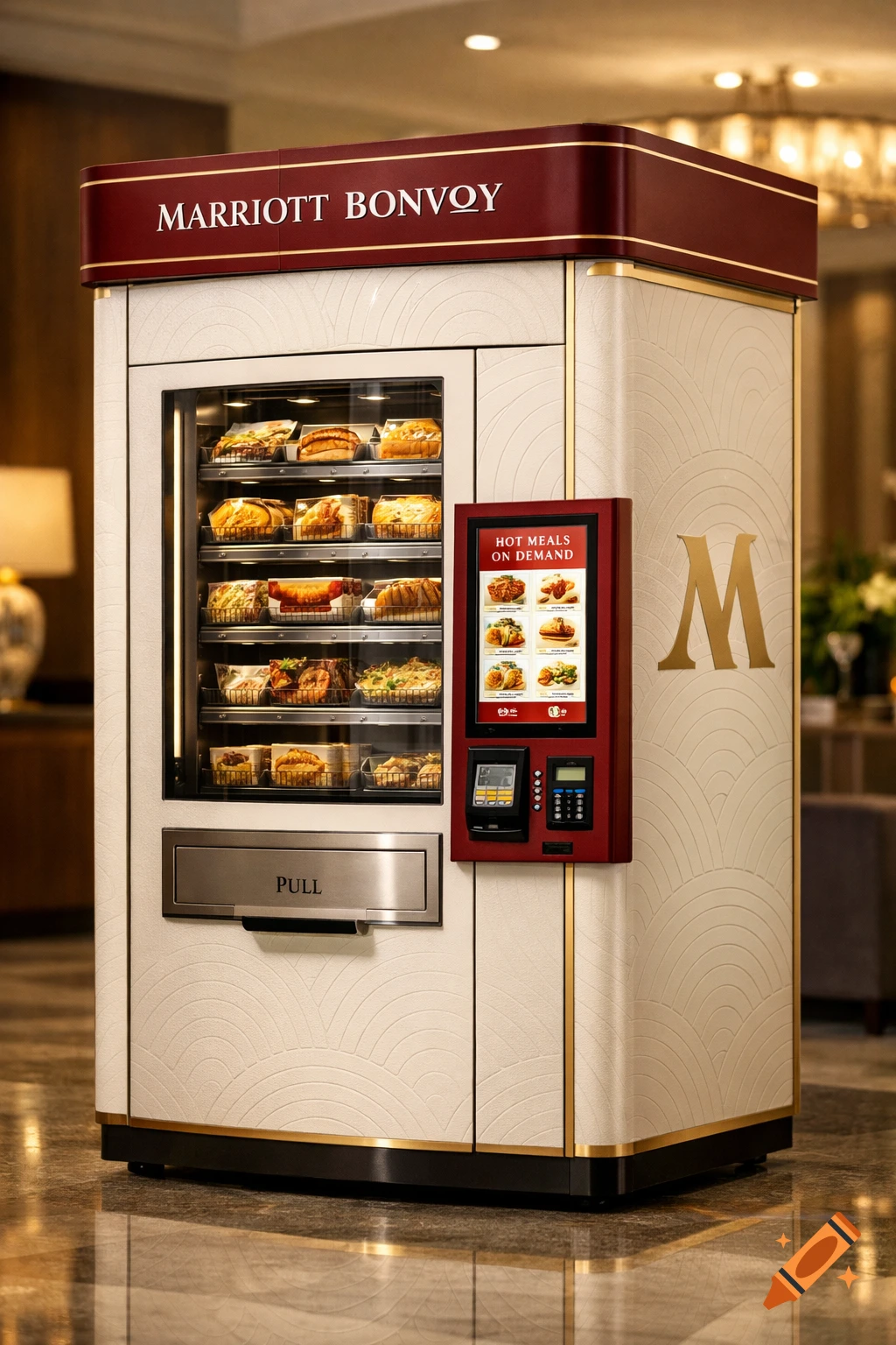 A Marriott Bonvoy luxury hot food vending machine in a hotel lobby, displaying various meals and a touchscreen.