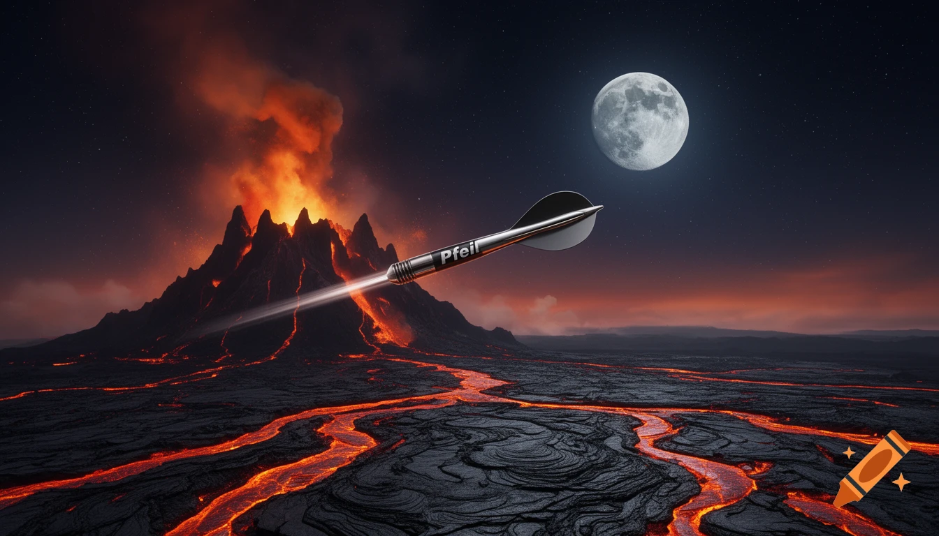 A dart with 'Pfeil' on its shaft flies from an erupting volcano with lava rivers towards a full moon in a starry night sky.