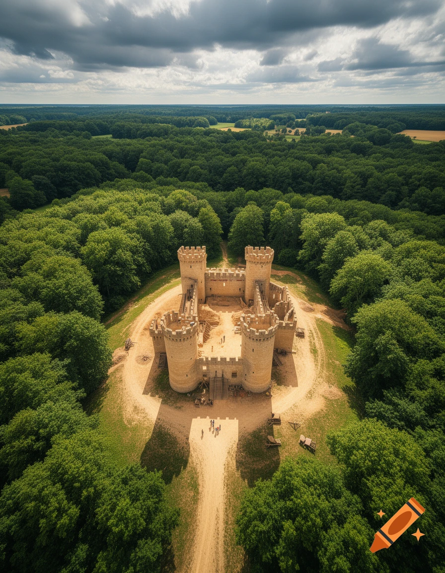 Aerial view of a circular stone castle under construction, surrounded by a dense green forest under a cloudy sky.