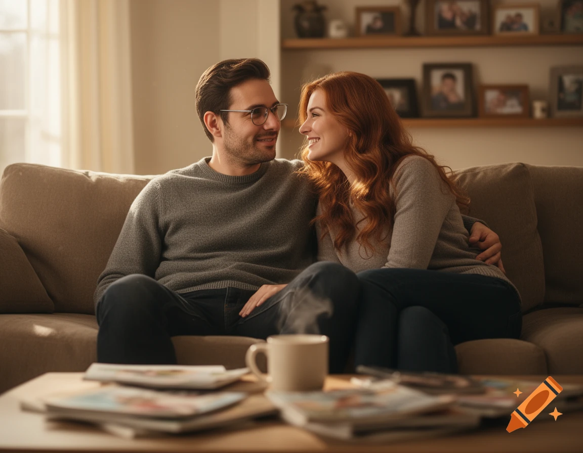 A man and a woman smile at each other while relaxing on a couch in a warmly lit living room.