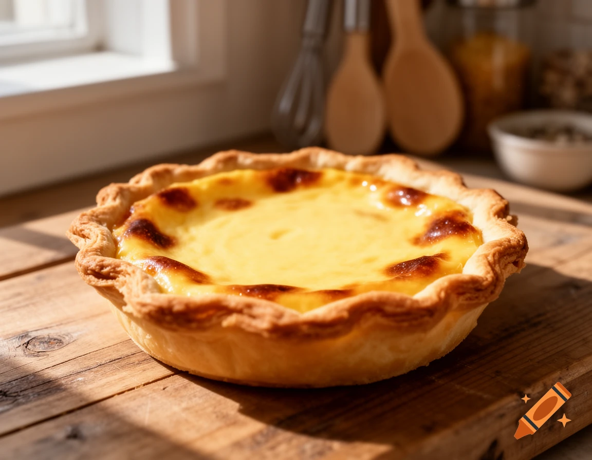 A perfectly baked golden custard tart with a flaky, crimped crust, on a wooden board by a sunlit window.
