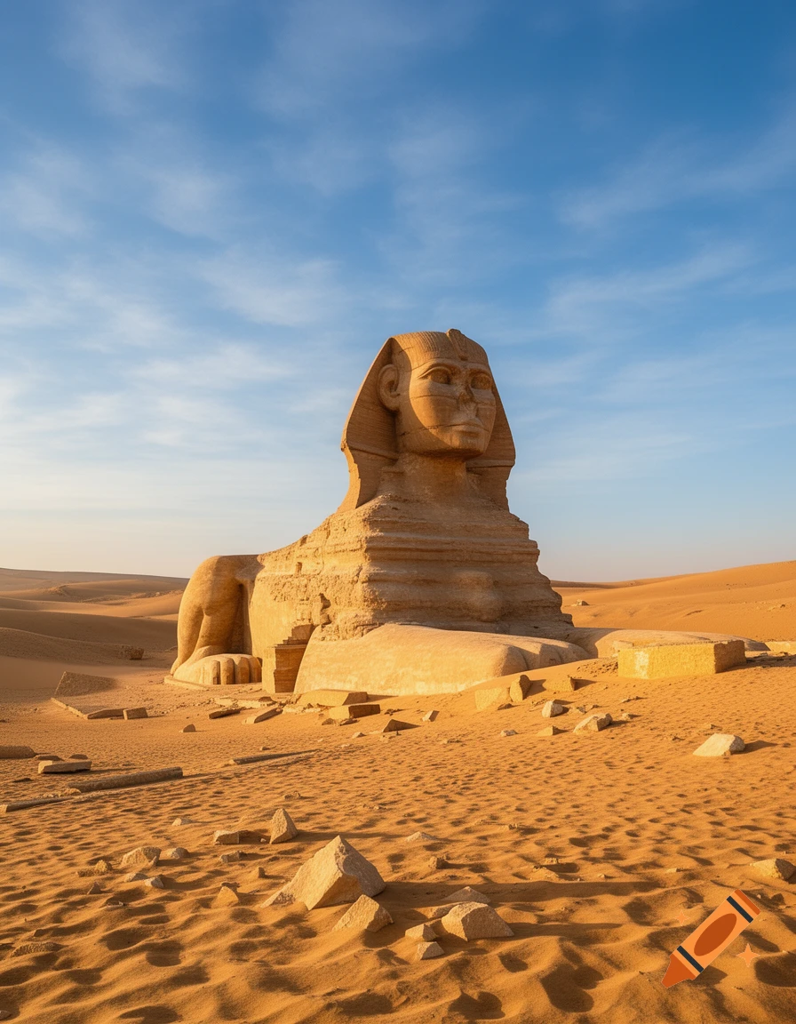 A majestic Sphinx statue stands in a vast golden desert under a clear blue sky, with sand dunes and scattered rocks.