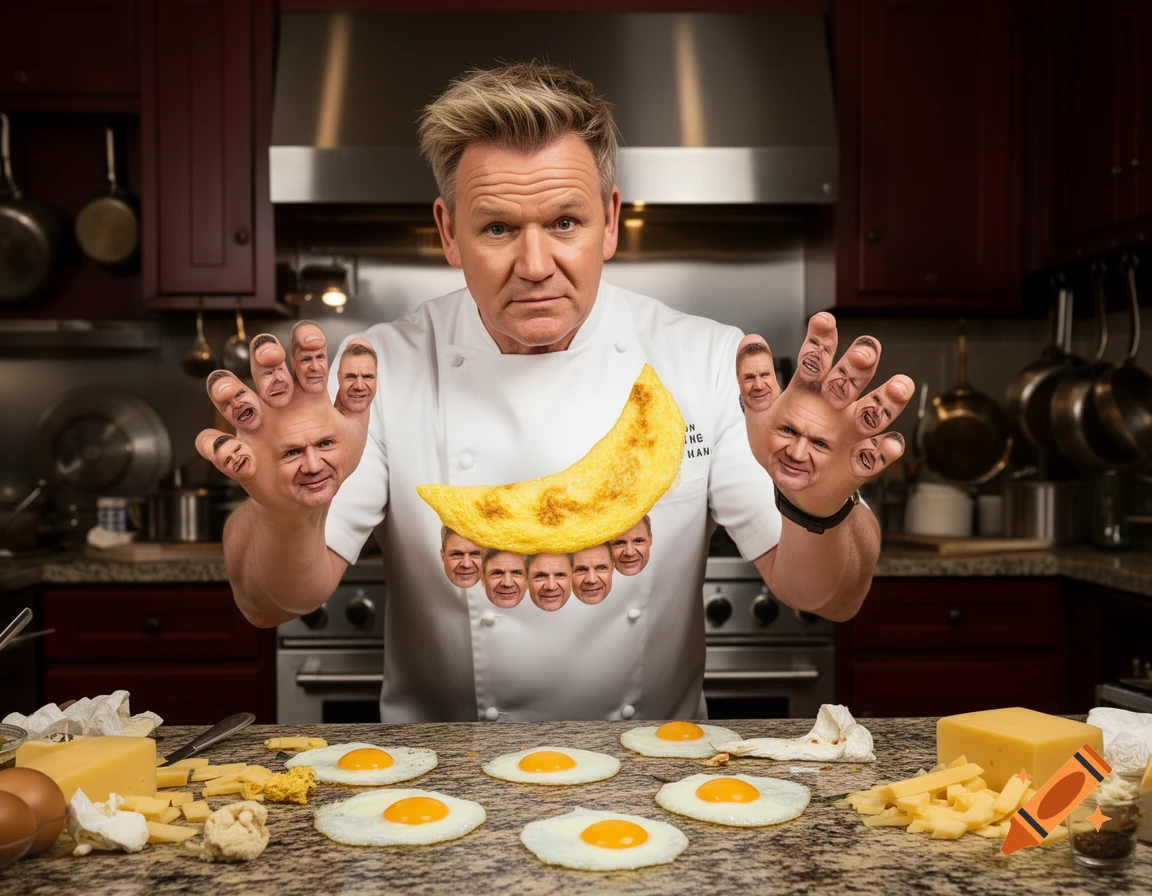 Gordon Ramsay with faces on his numerous fingers and on an omelette and fried eggs in a kitchen.