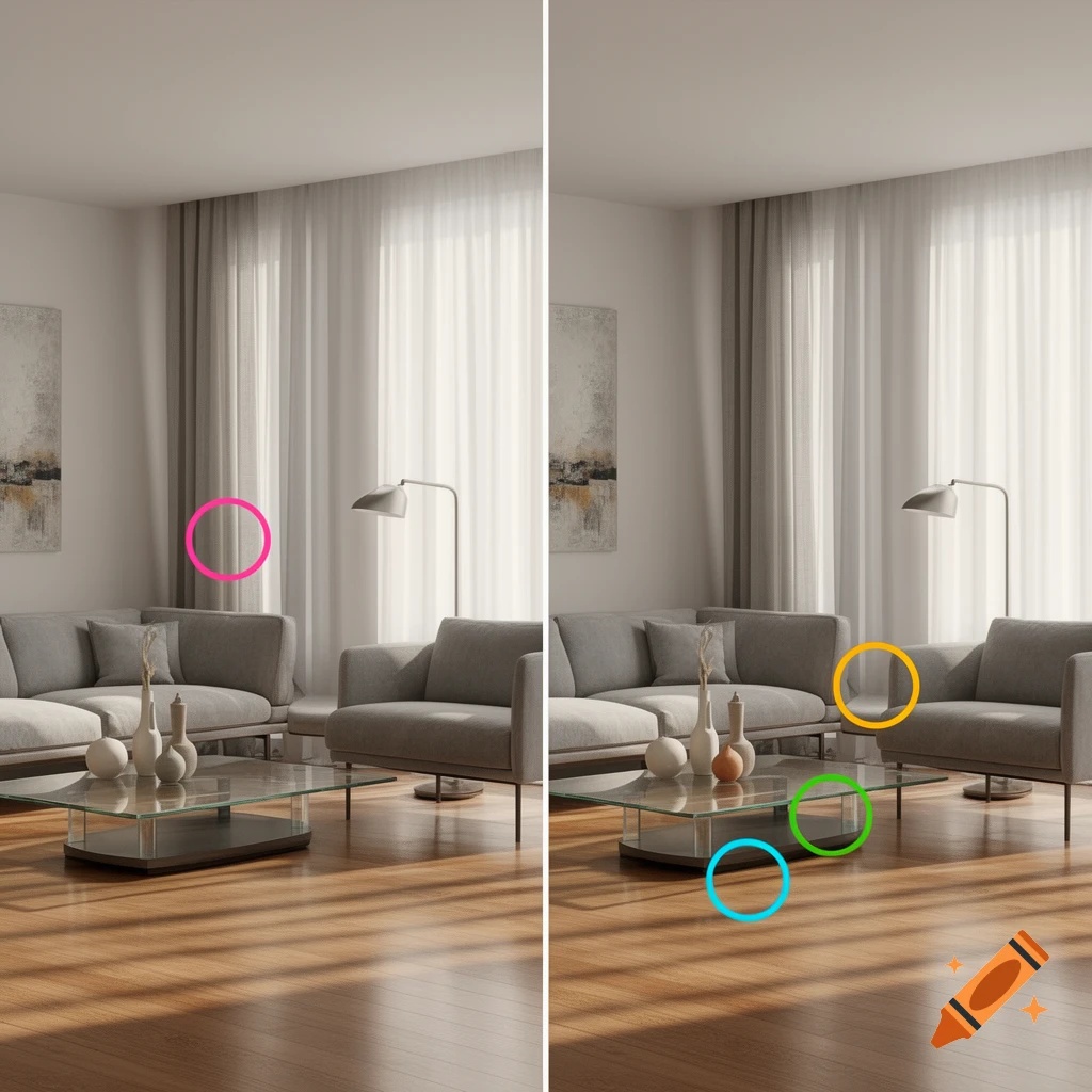 A split image of a modern living room, with the left side showing the original scene and the right side highlighting three differences with colored circles.
