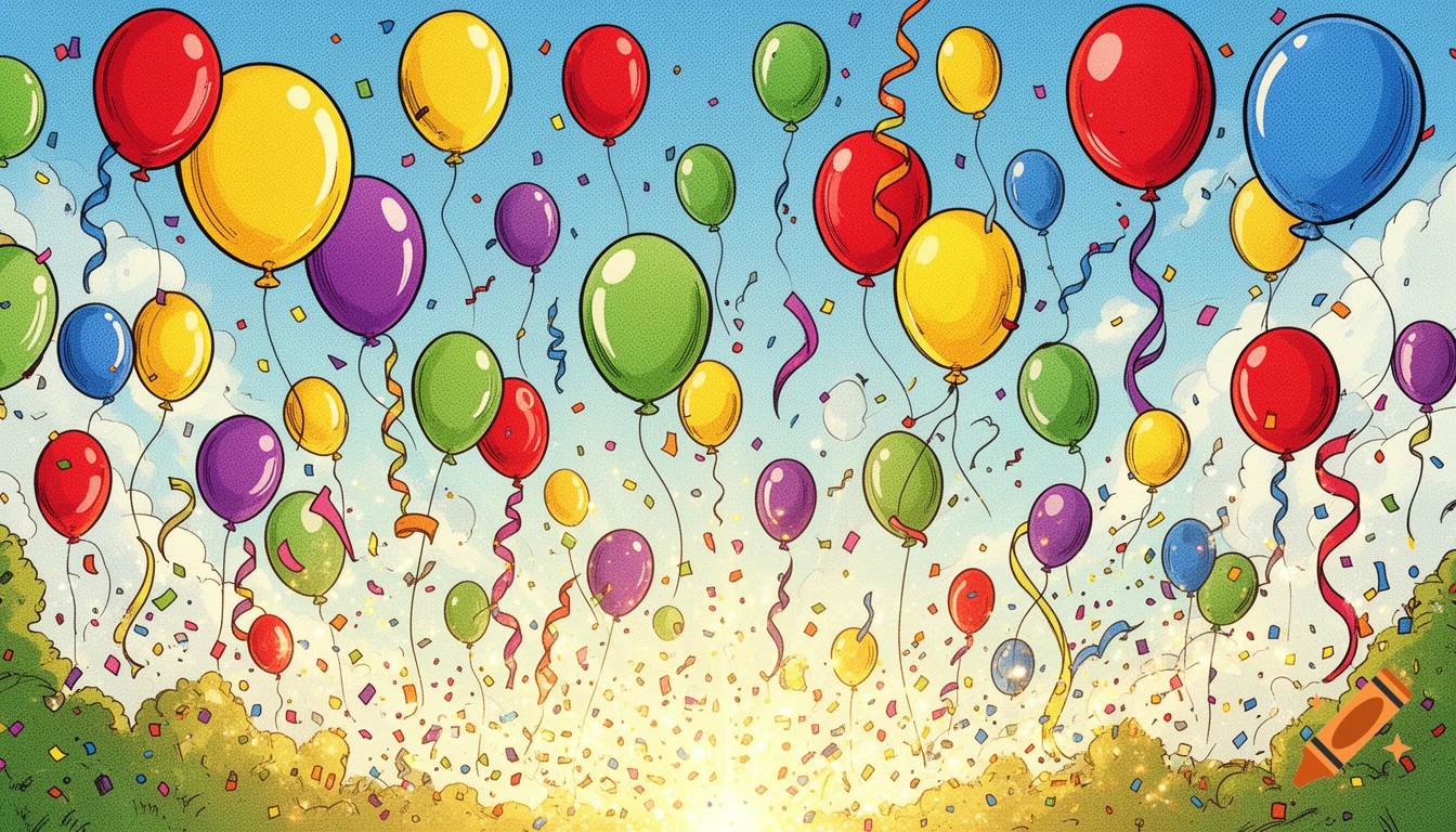 Comic-style illustration of many colorful balloons, streamers, and confetti against a blue sky, with a bright glow from below.