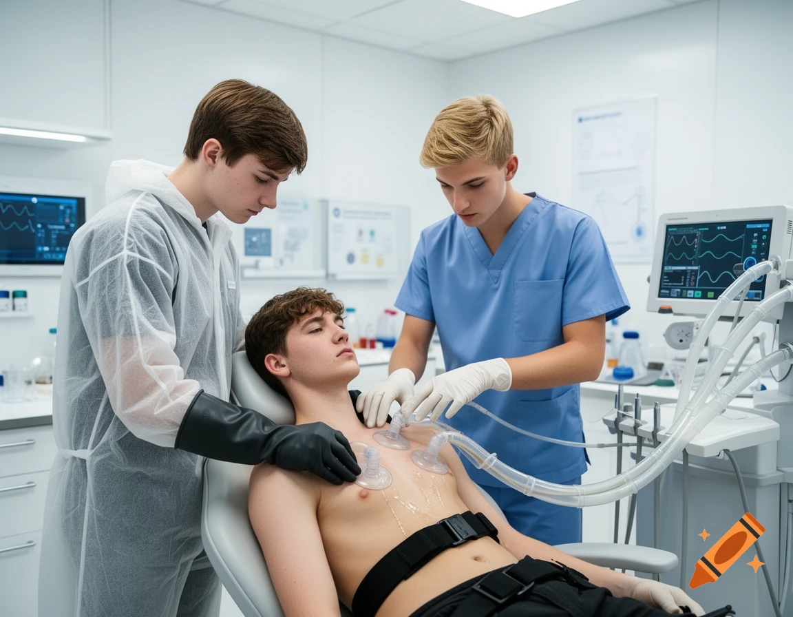 Two young scientists, one in a hazmat suit and one in scrubs, conduct an experiment on a shirtless male patient connected to medical equipment in a bright, photorealistic lab.
