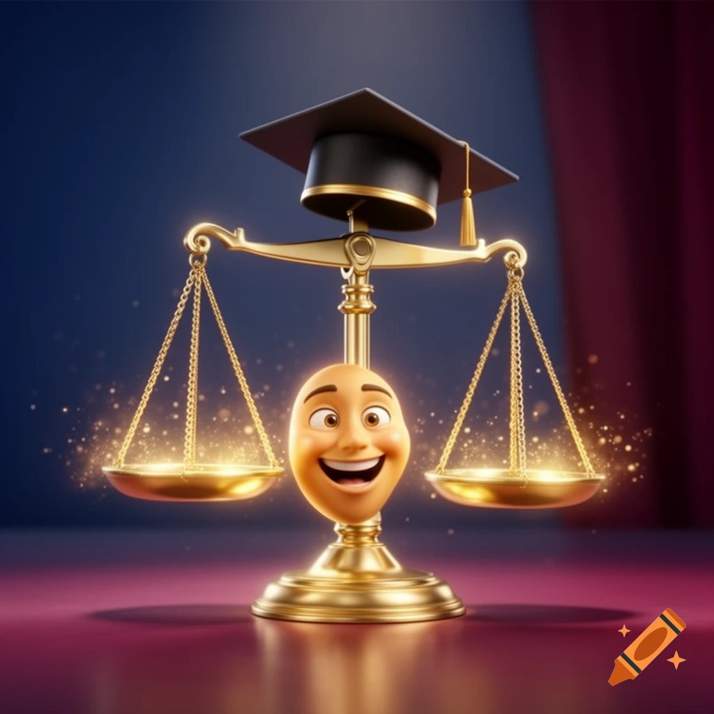 A golden scale of justice with a smiling, anthropomorphic face wearing a black graduation cap in a vibrant, animated style.
