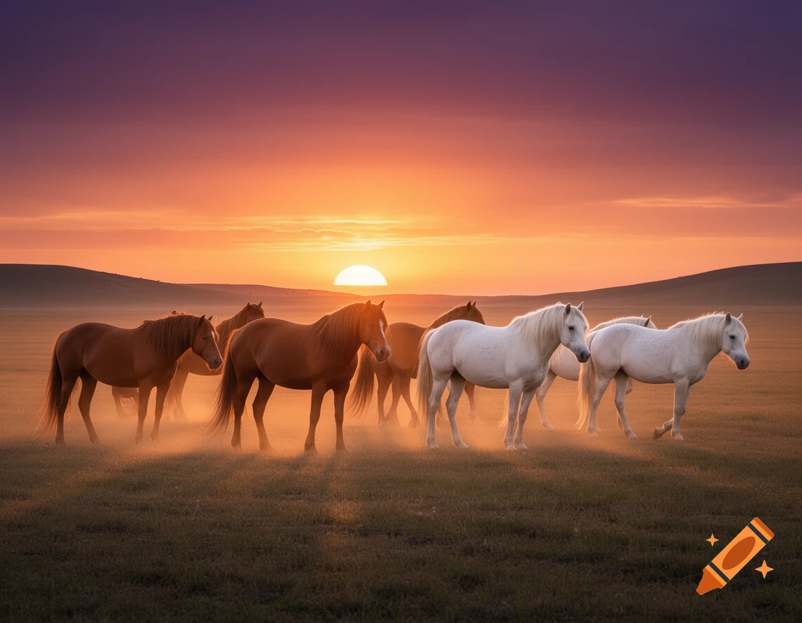 Horses graze in a field at sunset, with a vibrant orange and purple sky.