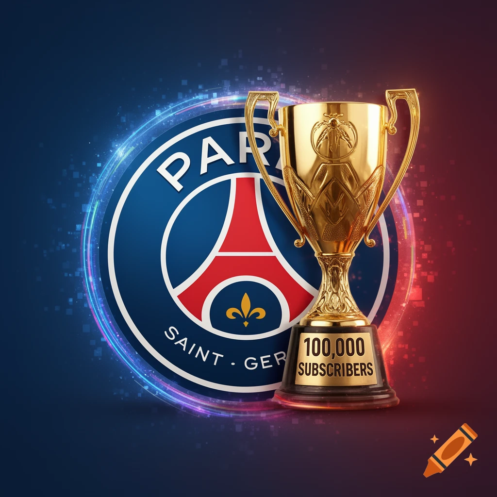 PSG logo behind a golden trophy with '100,000 SUBSCRIBERS' on its base, against a blue and red glowing background.