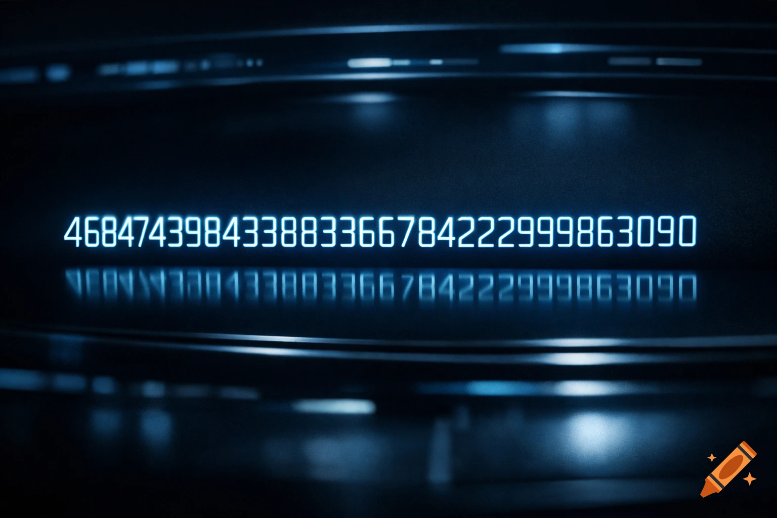 Glowing blue digital numbers '468474398433883366784222999863090' reflected on a dark surface in a futuristic style.