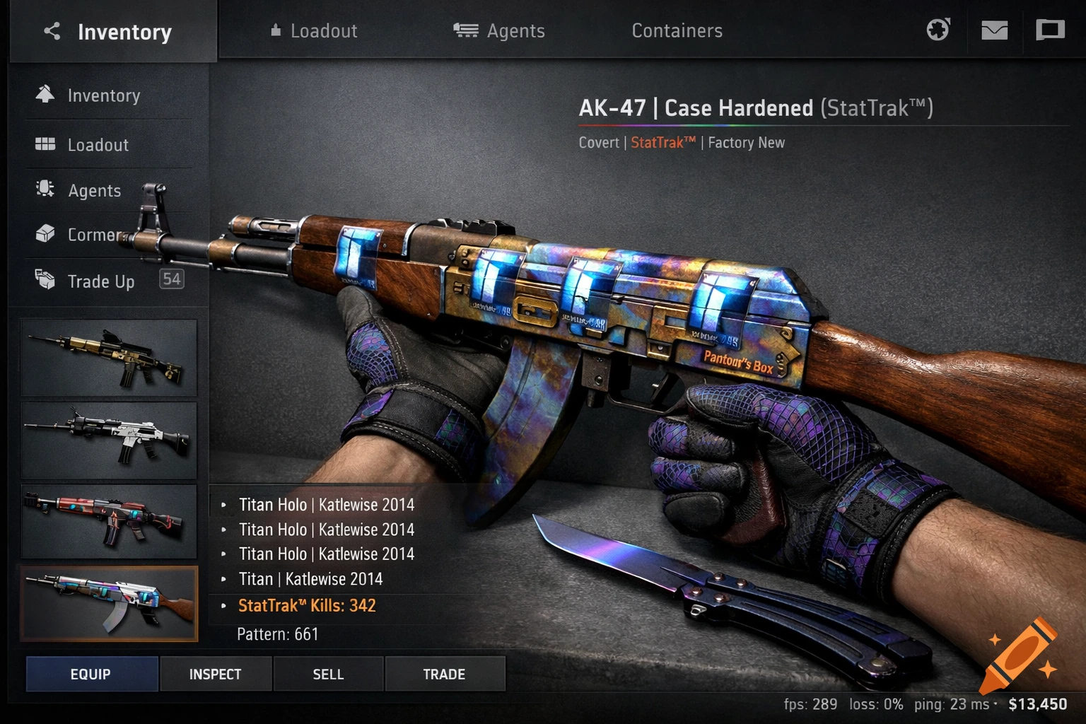 A CS2 inventory screenshot featuring an AK-47 Case Hardened with blue patterns, StatTrak, and 5 Titan Holo stickers, Pandora R0026#39;s Box gloves, and a Butterfly Knife Black Pearl.