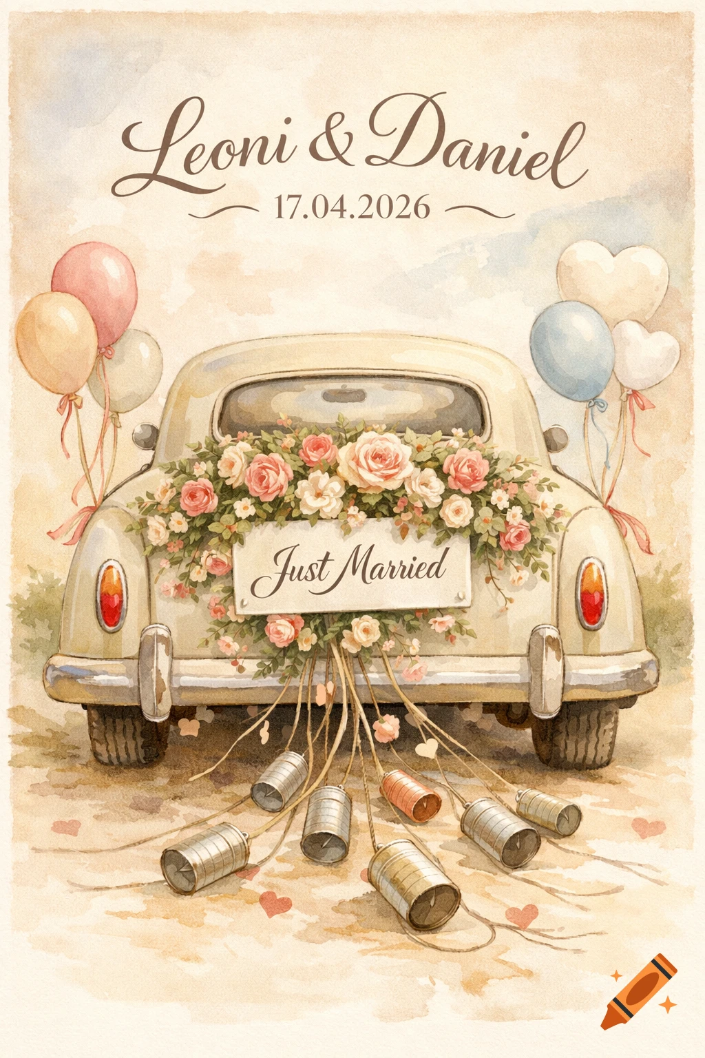 Watercolor illustration of a vintage wedding car decorated with flowers, balloons, and cans, with 'Leoni & Daniel 17.04.2026 Just Married' text.