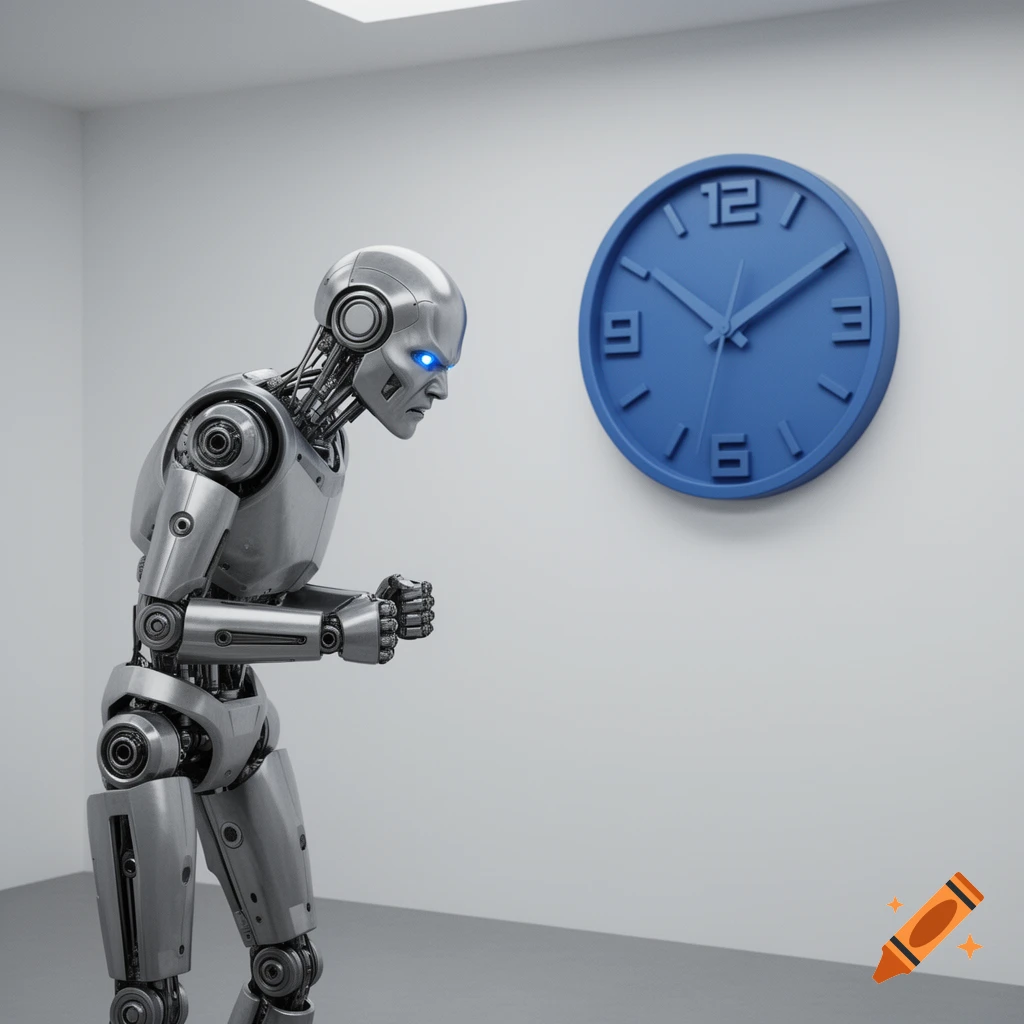 A silver robot with glowing blue eyes looks angrily at a blue wall clock in a minimalist room.