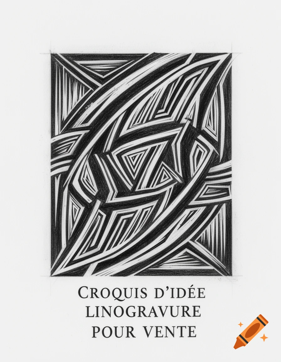 A black and white abstract linocut-style drawing of geometric shapes, with the French text "CROQUIS D'IDÉE LINOGRAVURE POUR VENTE" below it.