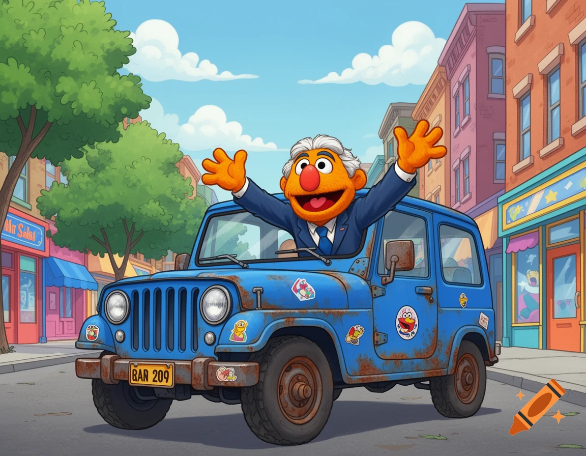An orange muppet with white hair in a blue suit waves from a rusty blue jeep on a cartoon street.