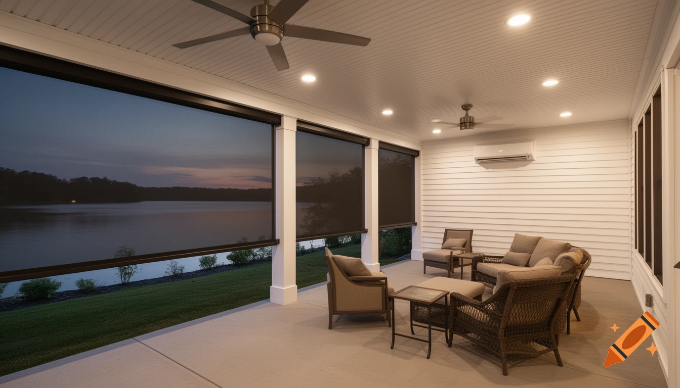 Photorealistic view of a well-lit 3-season porch with outdoor furniture and retractable screens overlooking a calm lake at dusk.
