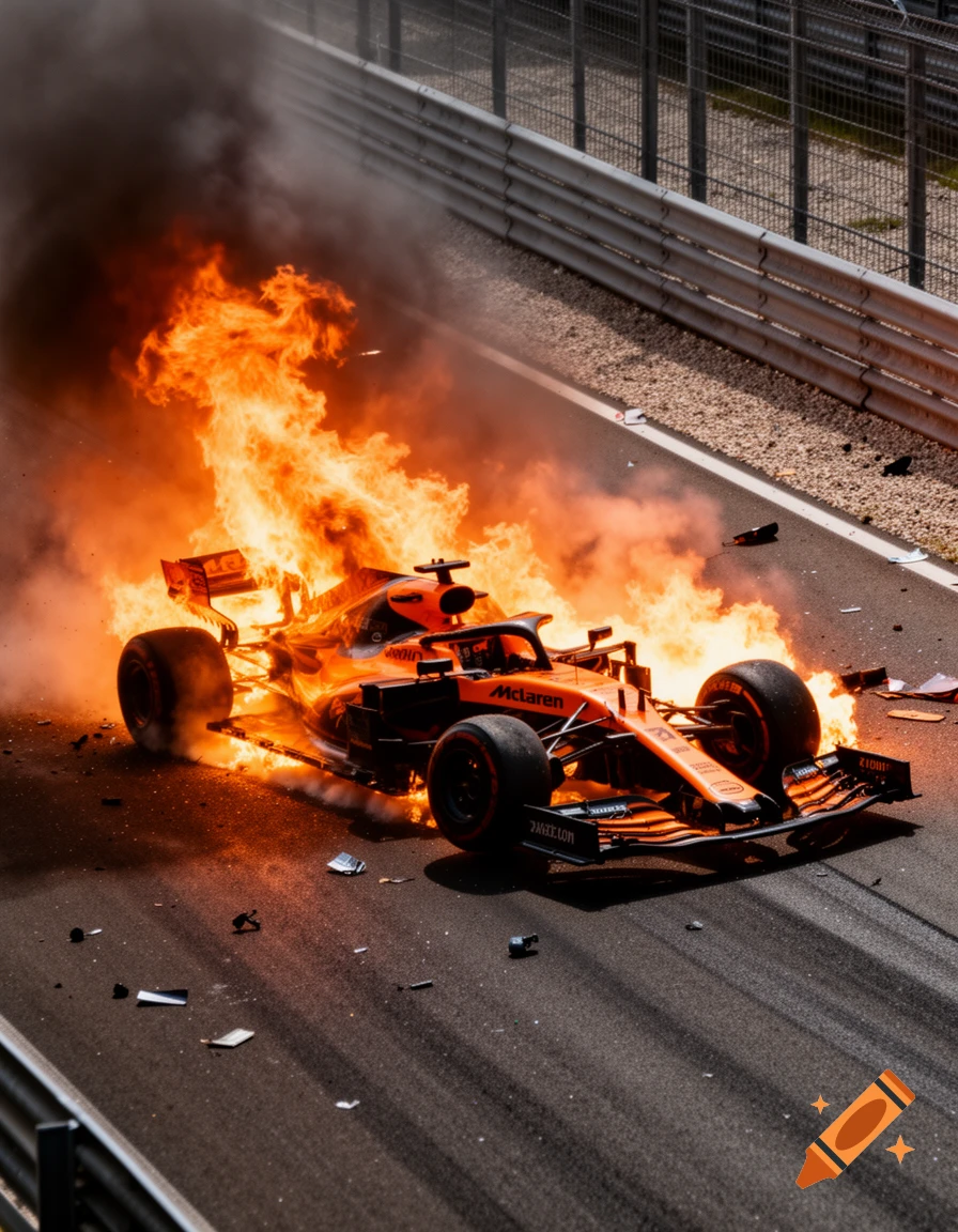 An orange Formula 1 McLaren race car engulfed in bright flames and smoke on a track, with scattered debris.