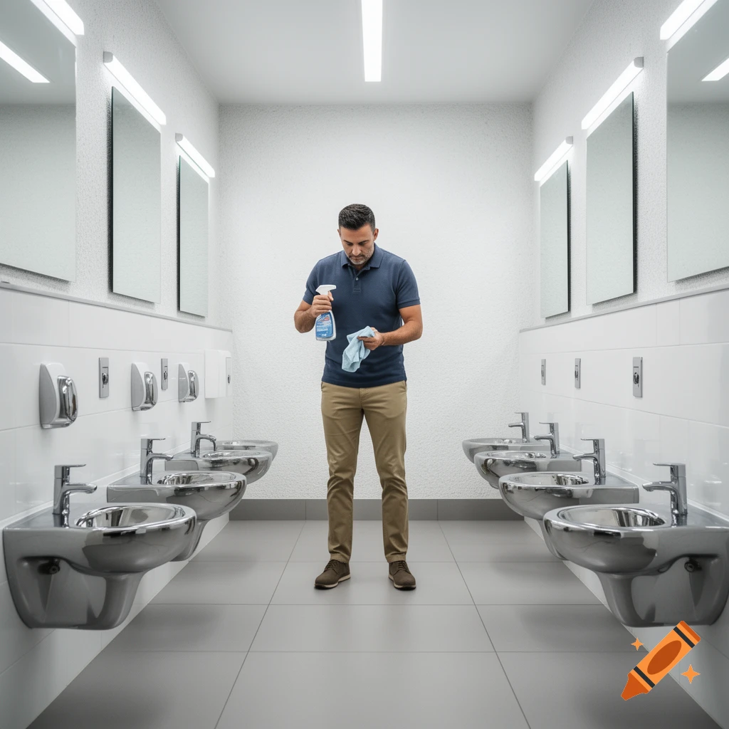 A man in a blue polo shirt and khaki pants holds a spray bottle and cloth, looking down, in a clean public restroom with multiple sinks and mirrors.
