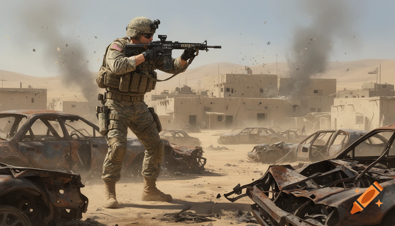 A US Marine aims a rifle in a destroyed desert village with burning cars and smoke, in a digital painting style.