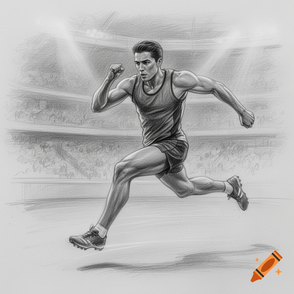 Pencil drawing of a muscular male runner sprinting on a track in a stadium, with blurred spectators and spotlights.