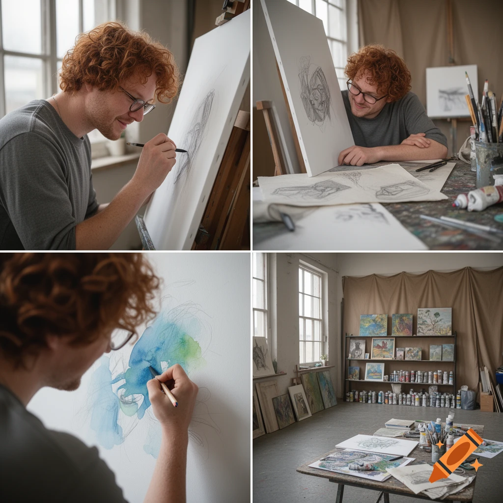 Collage of a man with red curly hair and glasses drawing and painting in a brightly lit art studio.