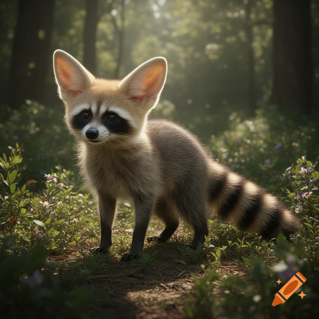 Photorealistic Fennec Fox and Raccoon hybrid stands in a sunlit forest clearing with green foliage and small flowers.