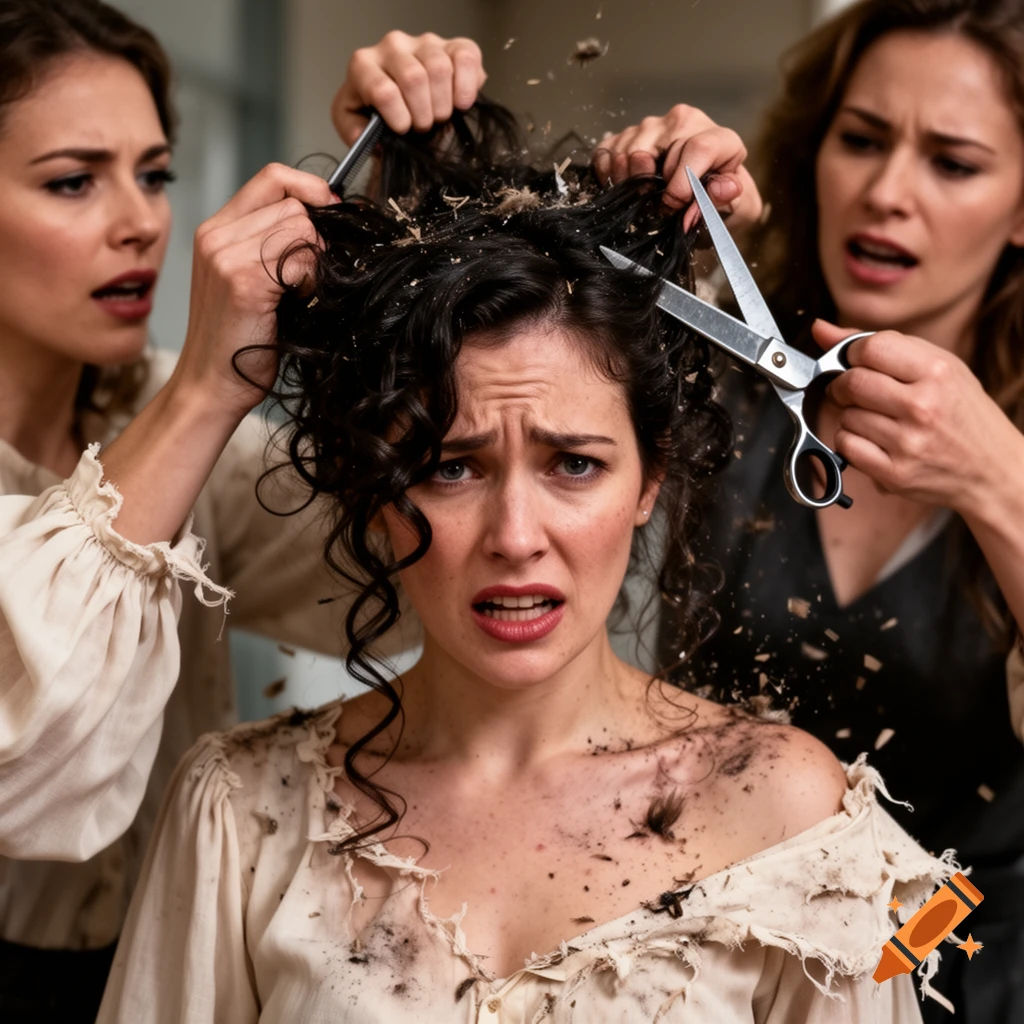 Two women aggressively cut the curly hair of a central, distressed woman with scissors and a comb, in a photorealistic style.