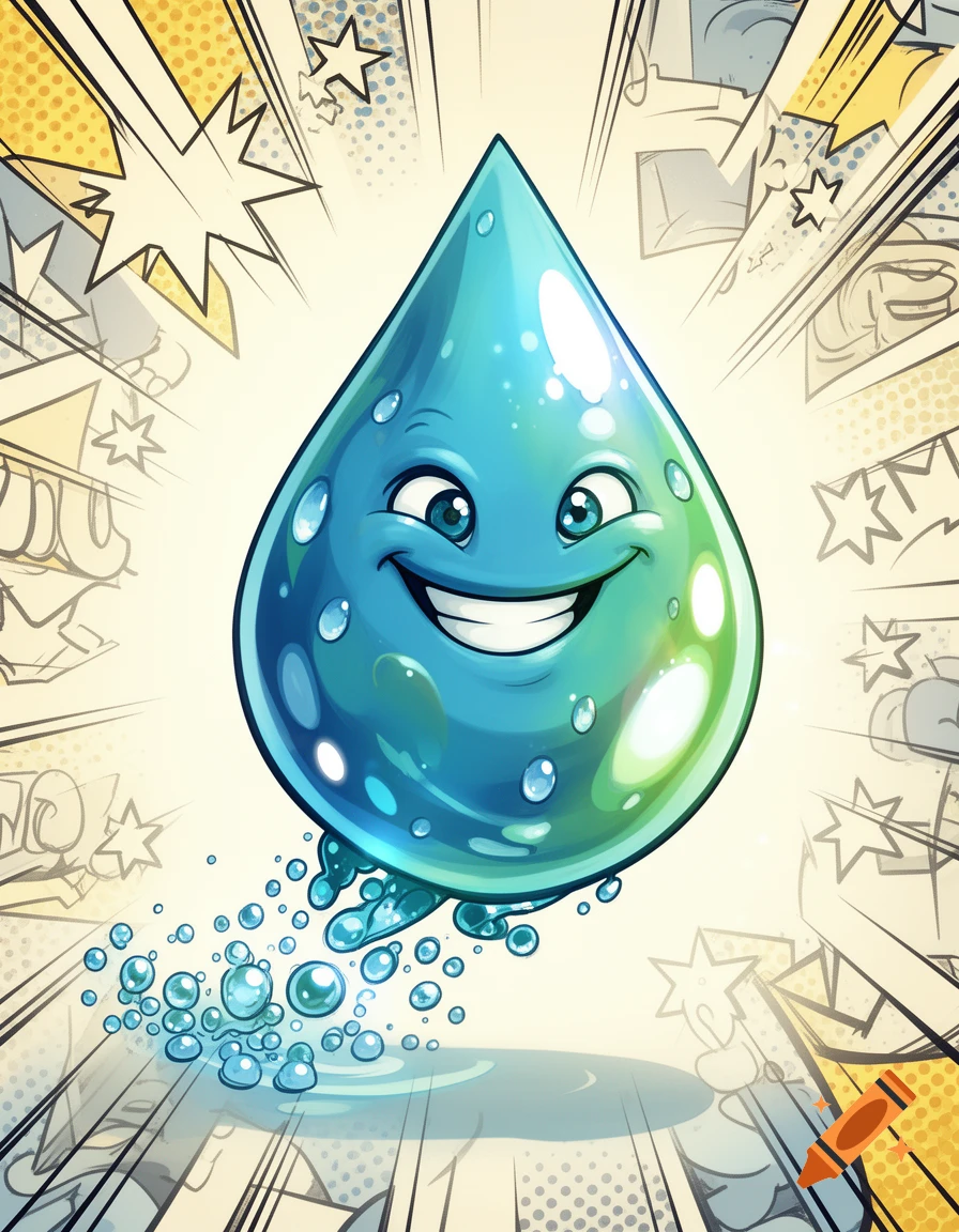 A happy, shiny cartoon water drop character jumps and splashes, against a dynamic comic book-style background with starbursts.