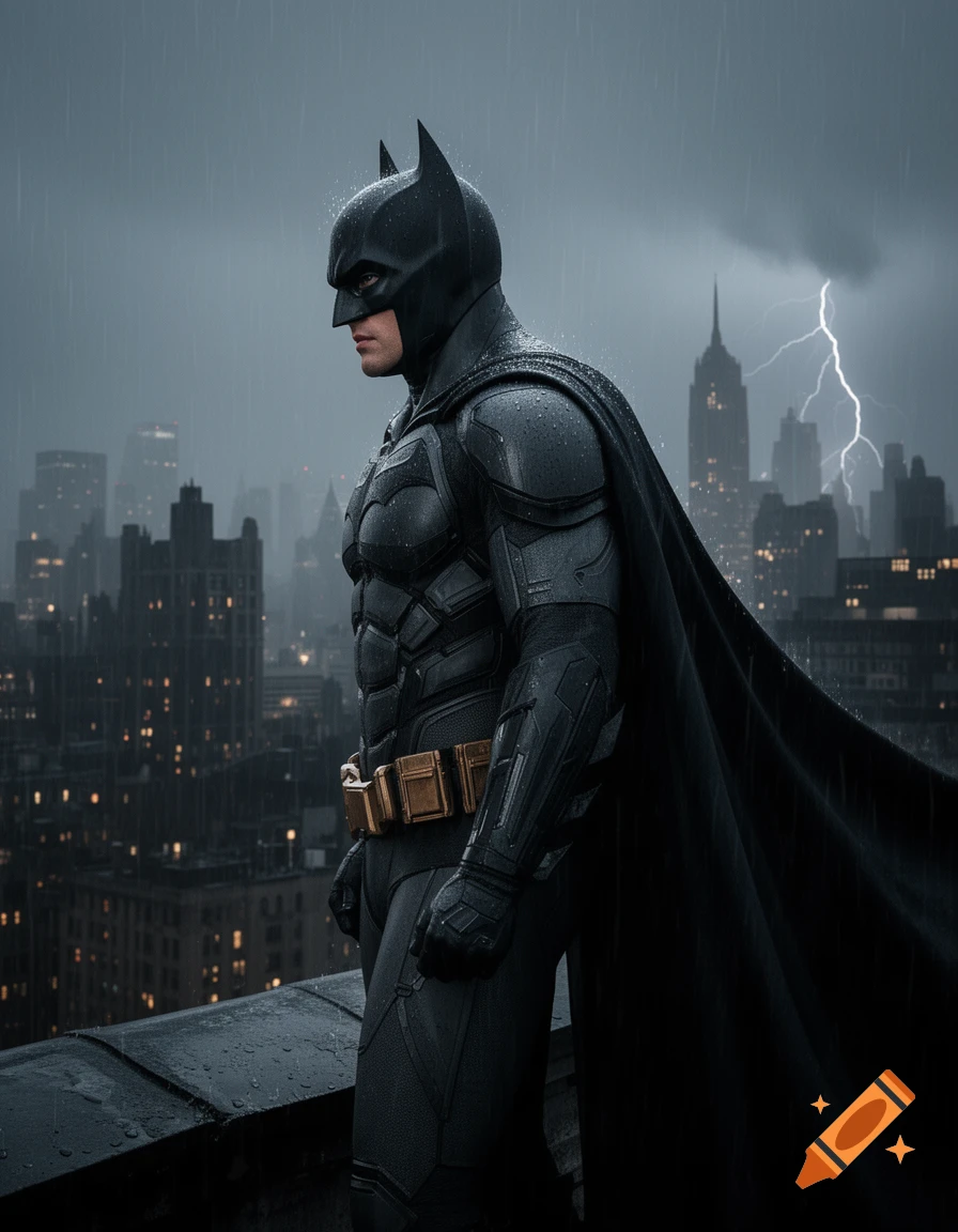 Photorealistic image of Batman in a dark suit standing on a rainy rooftop, overlooking a city skyline with lightning.