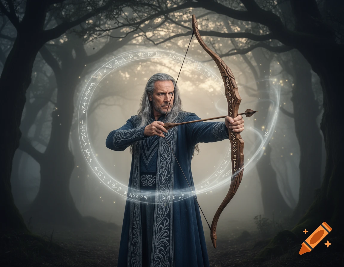 A grey-haired wizard in a blue robe holds a bow, with glowing magical runes forming a circle around him in a misty forest.