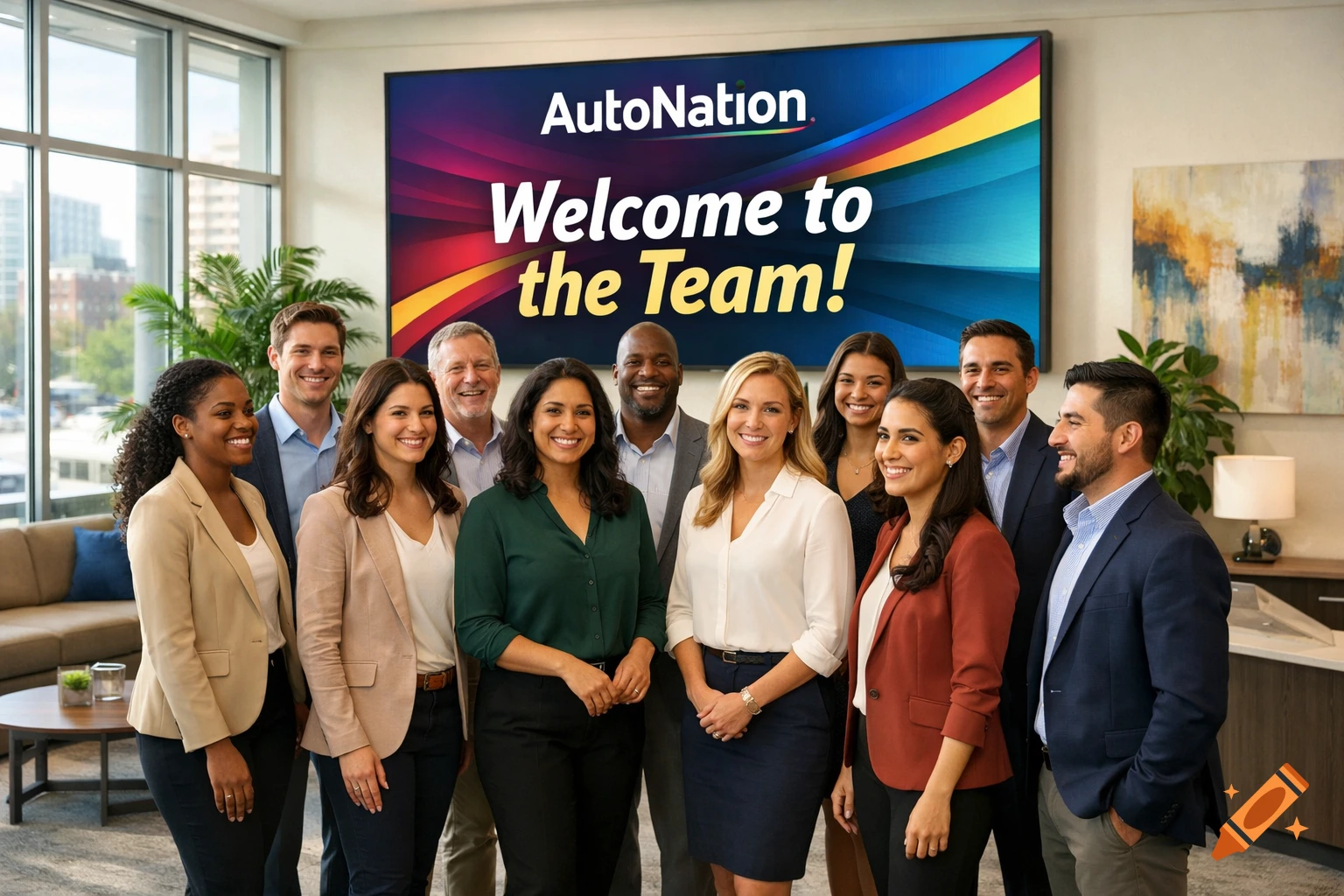A diverse group of smiling business professionals stand in an office with an AutoNation 'Welcome to the Team!' sign. Photorealistic.