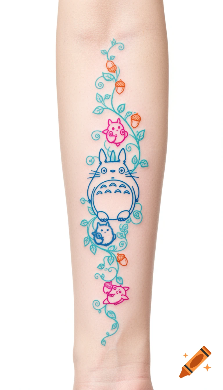 A minimalist tattoo of Totoro, two soot sprites, ivy vines, and three acorns on a forearm, rendered in cyan, magenta, and orange lines.