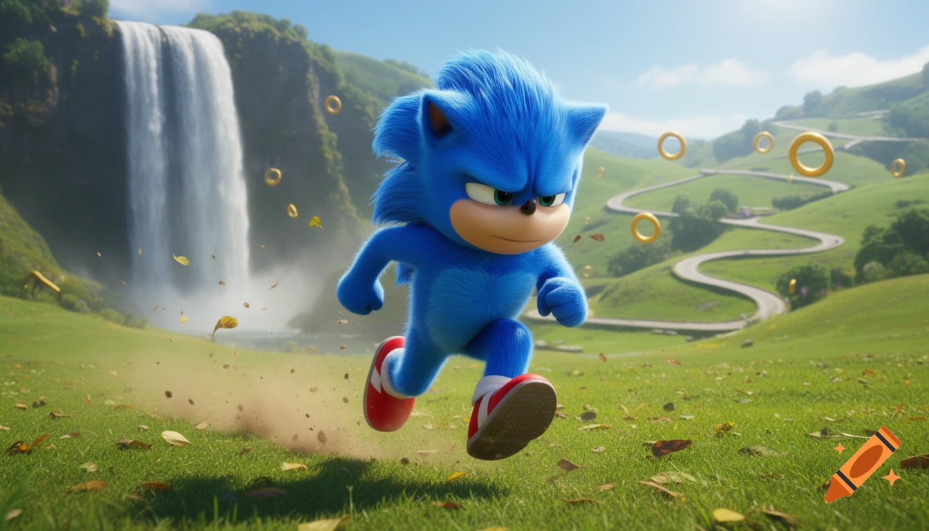 Sonic the Hedgehog runs through a vibrant grassy field with a large waterfall and winding road, surrounded by golden rings.