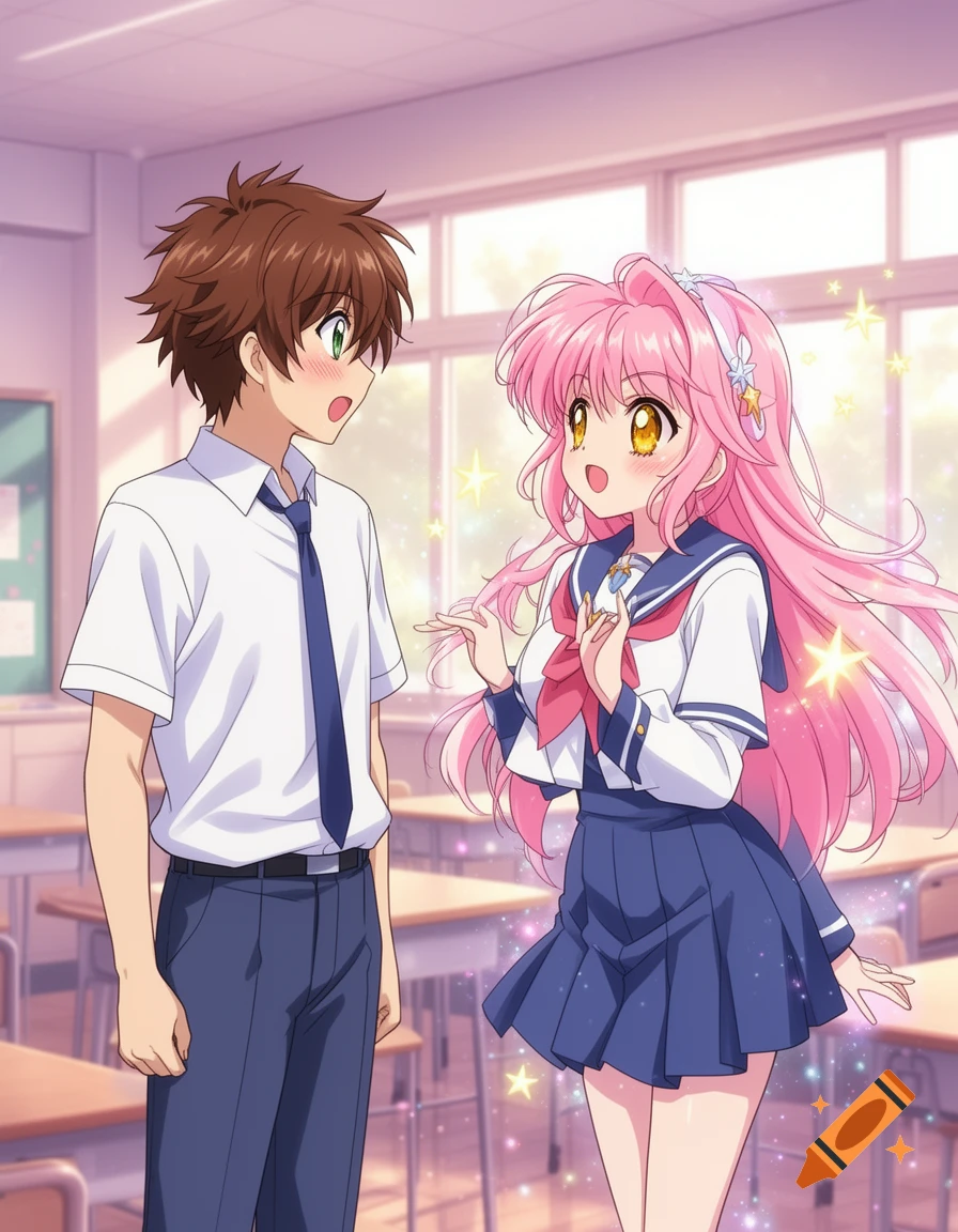 Anime boy blushing at a pink-haired anime girl with sparkling effects in a sunlit classroom.