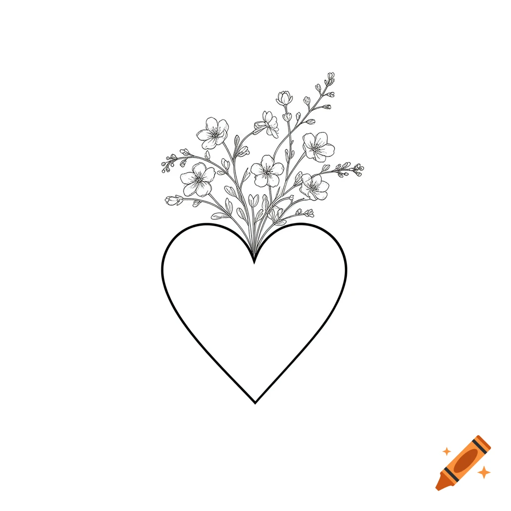 Black line drawing of a heart with a bouquet of small flowers and branches growing from its top, on a white background.