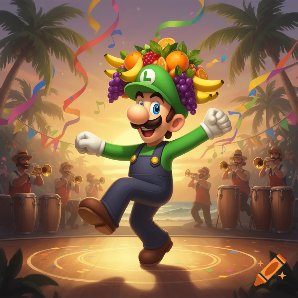 Luigi in a fruit hat dances on a stage at sunset, with musicians and palm trees in the background, colorful ribbons float around.