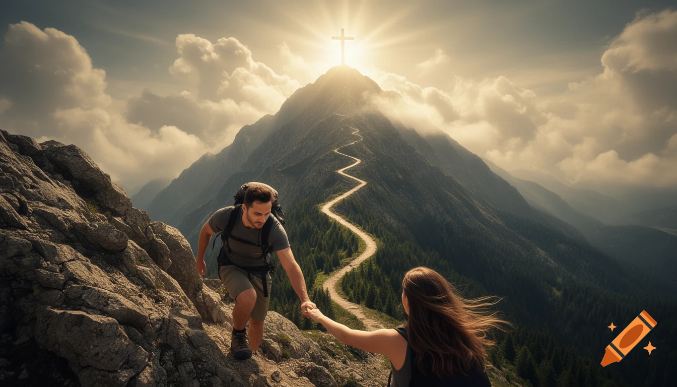 A male hiker reaches for a woman's hand on a rocky mountain path leading to a glowing Christian cross on a distant summit. Photorealistic.