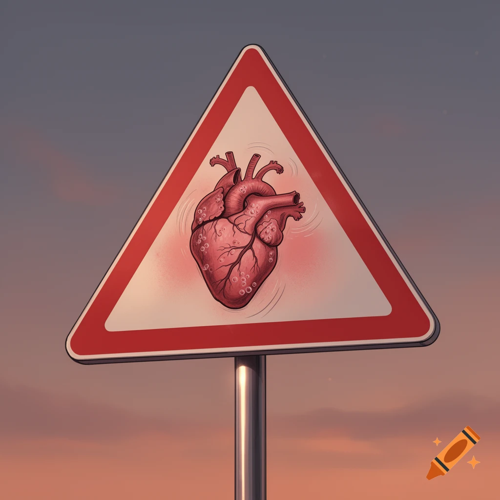 A red and white triangular warning sign on a pole features a stylized, beating human heart against a gradient sunset sky.