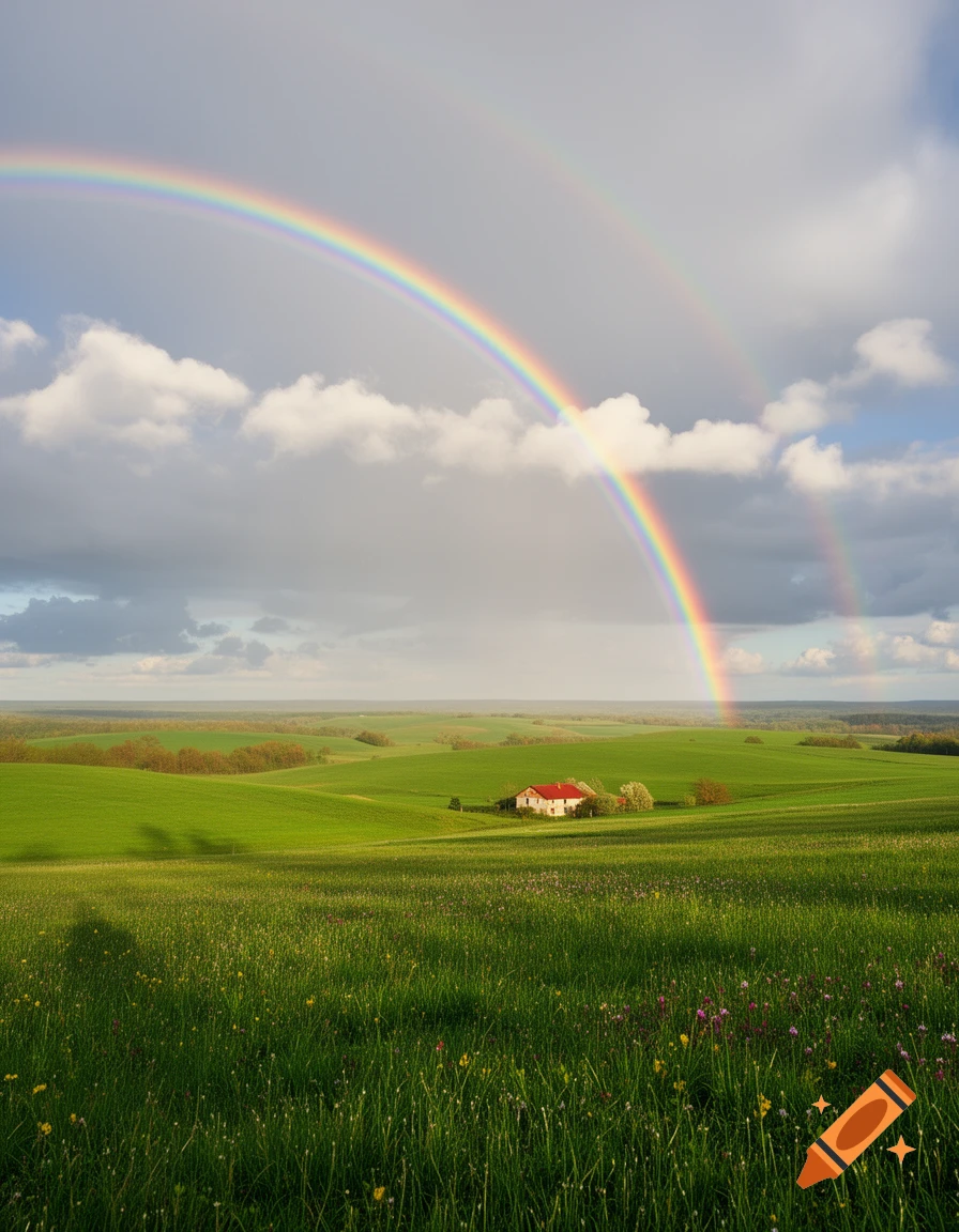 Vibrant green rolling landscape with a house and a double rainbow under a partly cloudy sky, photorealistic.