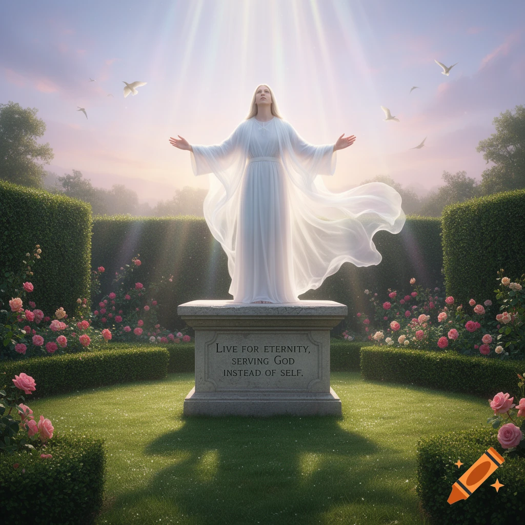 A person in a white flowing robe stands on a stone pedestal with outstretched arms, bathed in divine light in a rose garden.