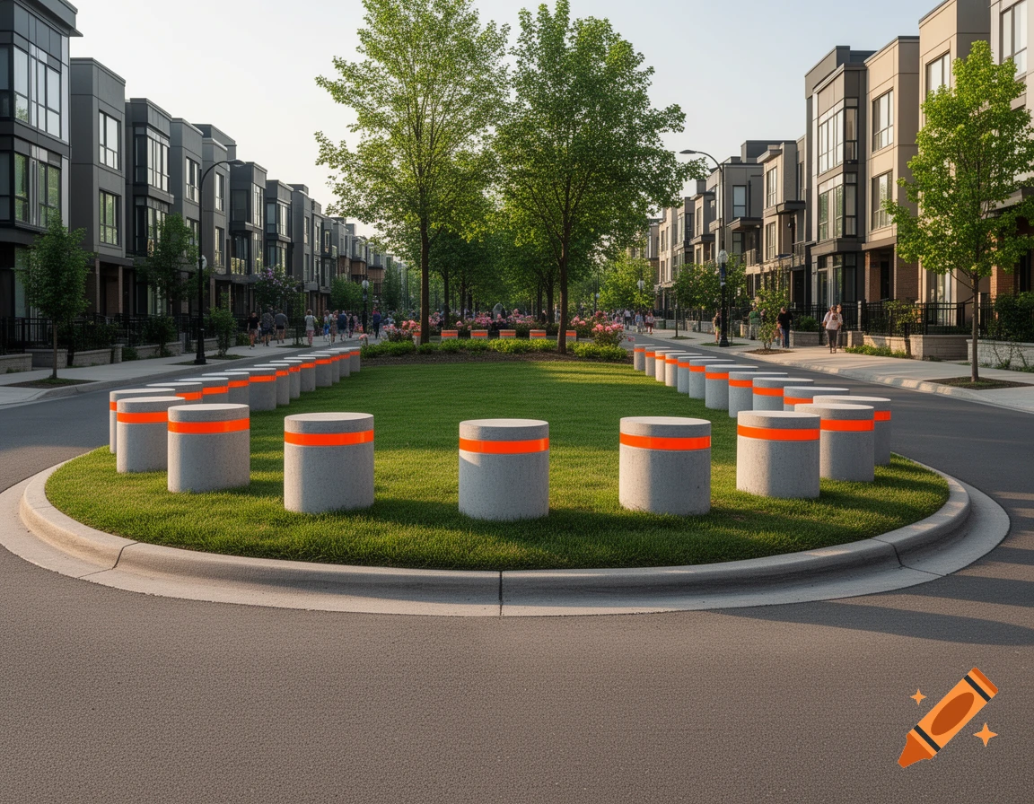 A modern street scene with rows of dark townhouses, a grassy median with concrete bollards, and people walking.