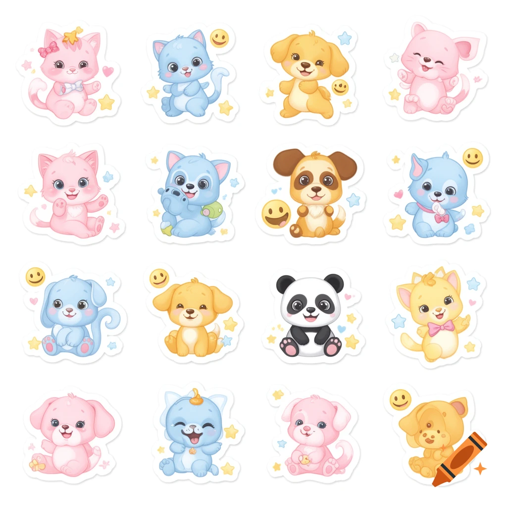 A grid of 16 cute pastel cartoon animal stickers, including cats, dogs, and a panda, on a white background.