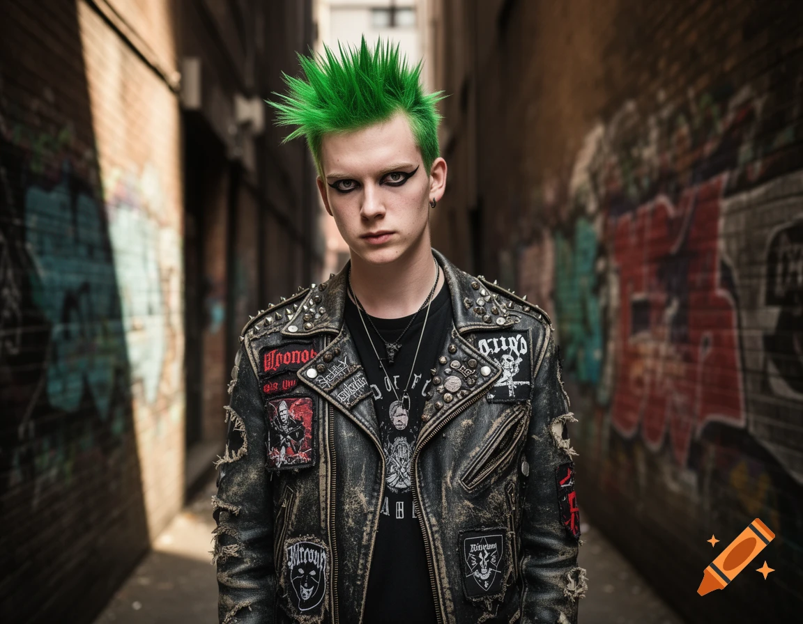 A young person with green spiky hair and heavy eye makeup wears a studded, patched leather jacket in a graffiti-covered alley.