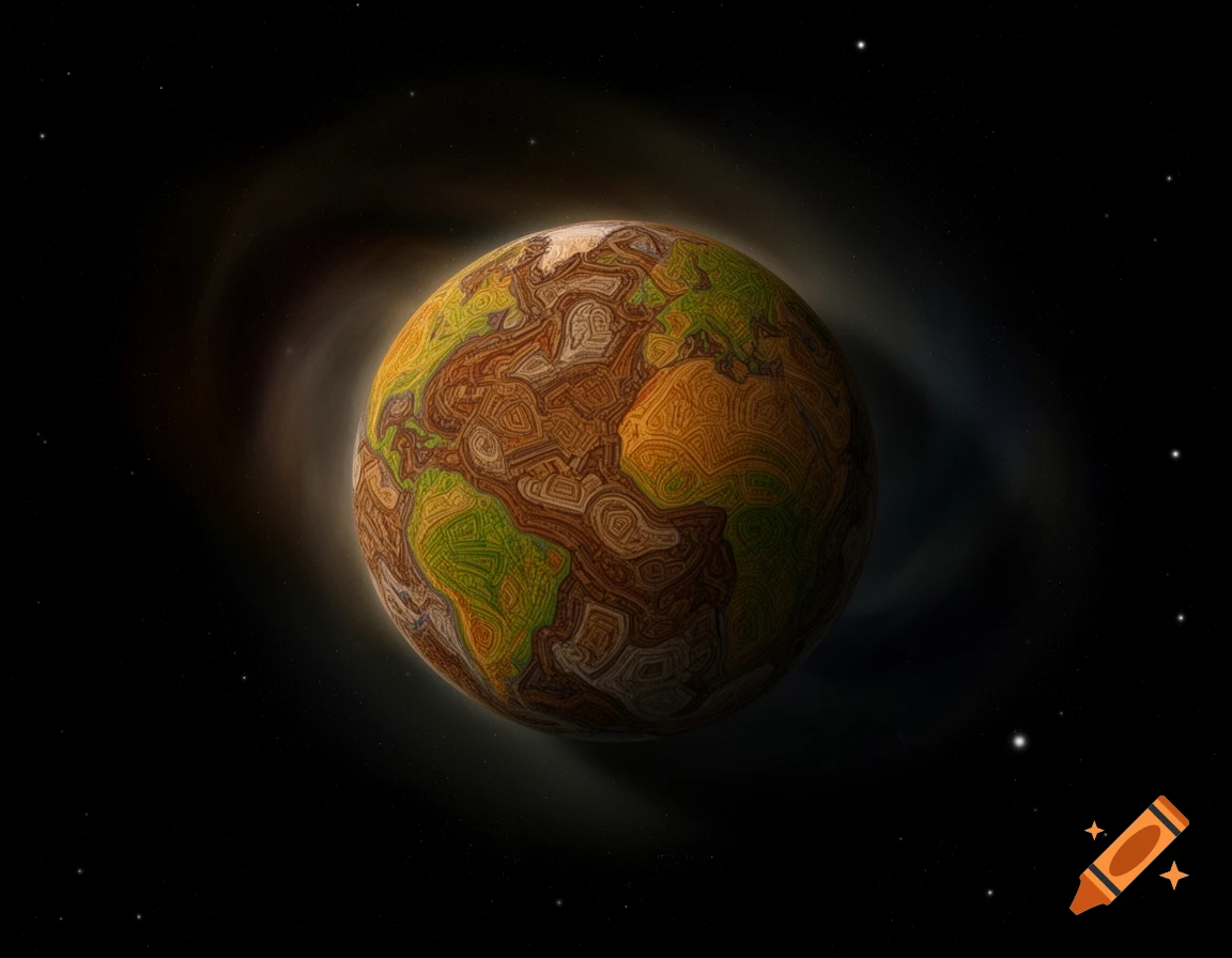 An abstract, patterned Earth in space, composed of earth-tone colors and patterns, surrounded by stars.